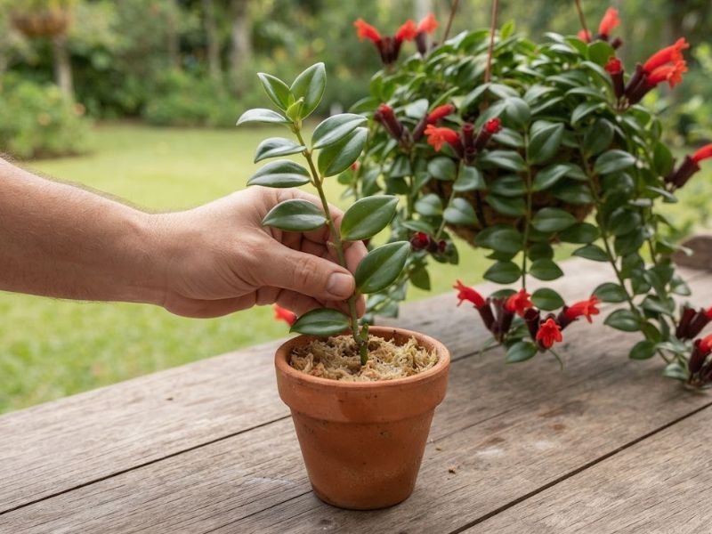 Mão segurando uma estaca de columeia batom em vaso pequeno com substrato, com planta adulta florida ao fundo.