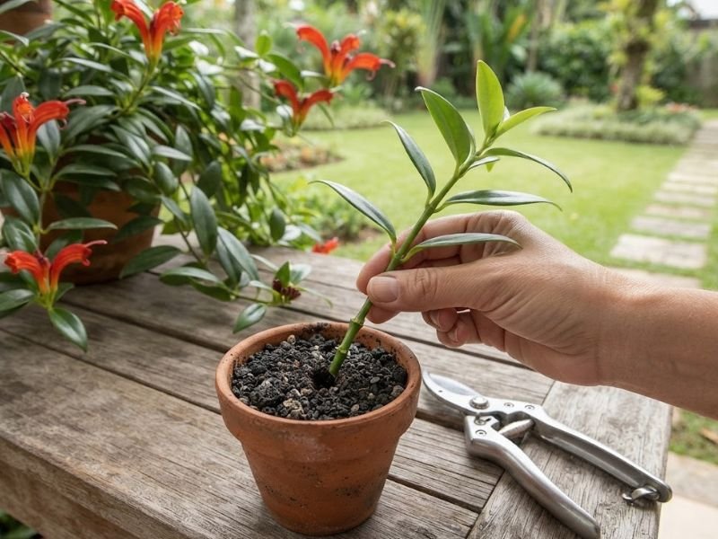 Mão posicionando uma estaca de columeia-dragão em vaso de barro com substrato sobre bancada de jardinagem.