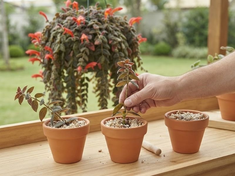 Produção de mudas de columeia gloriosa por estacas, com pequenos vasos de terracota e uma estaca sendo plantada no substrato.