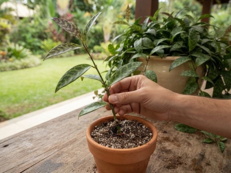 Mão segurando estaca de columeia mármore em vaso pequeno de barro, com planta adulta de folhas desenhadas ao fundo.
