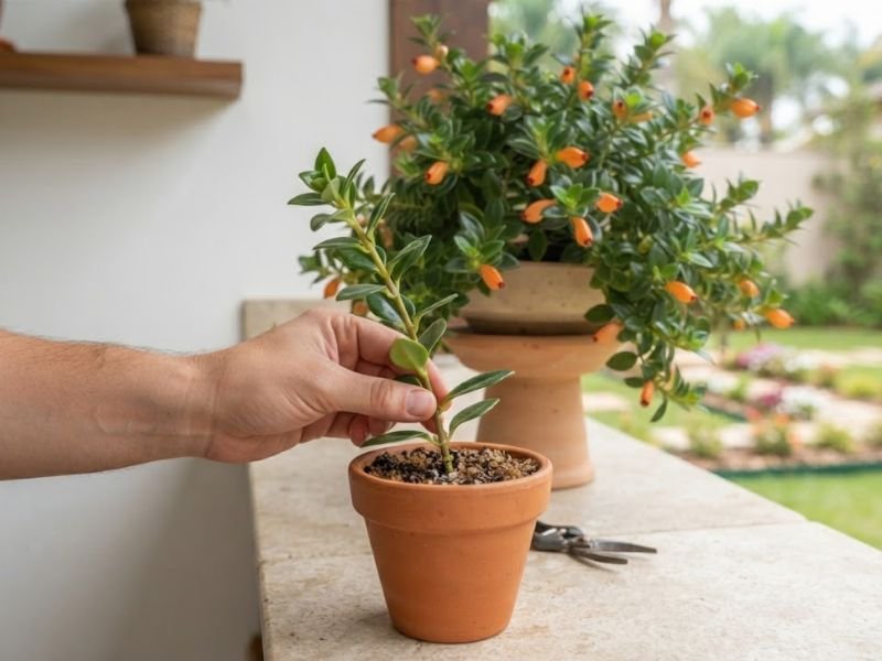 Mão posicionando uma estaca de columeia peixinho em vaso de barro com substrato, com planta florida ao fundo.