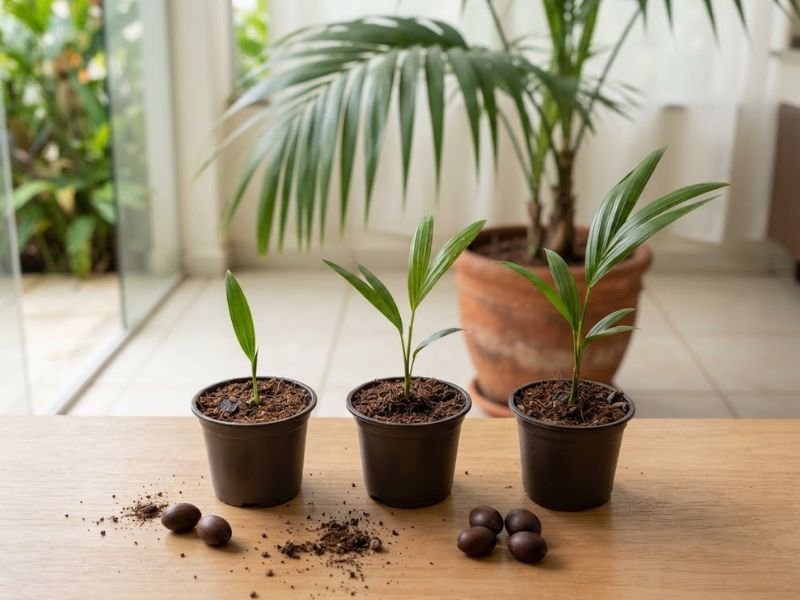 Três mudas jovens de palmeira kentia em pequenos vasos pretos, com sementes marrons sobre bancada de madeira.
