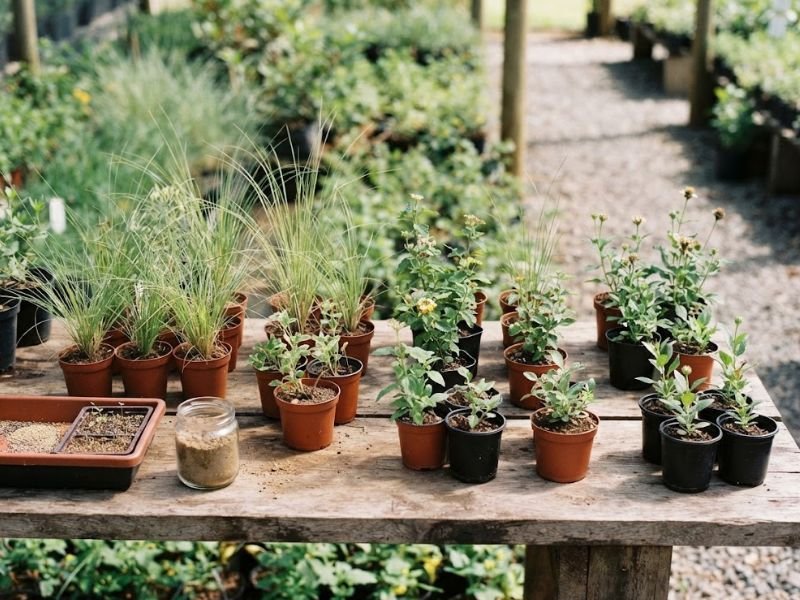 Mudas de capins e plantas floríferas em pequenos vasos sobre uma bancada de madeira.