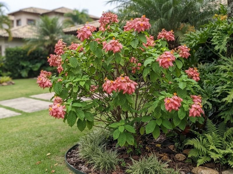 Arbusto de mussaenda rosa plantado em canteiro curvo junto ao gramado.