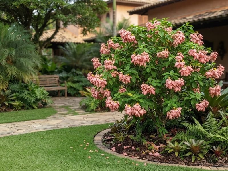 Arbusto de mussaenda rosa em canteiro curvo junto a um caminho de pedras e gramado.