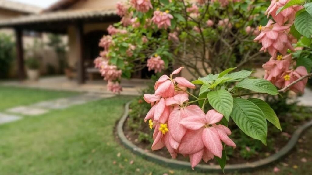 Ramo de mussaenda rosa com pequenas flores amarelas em primeiro plano e arbusto no jardim ao fundo.
