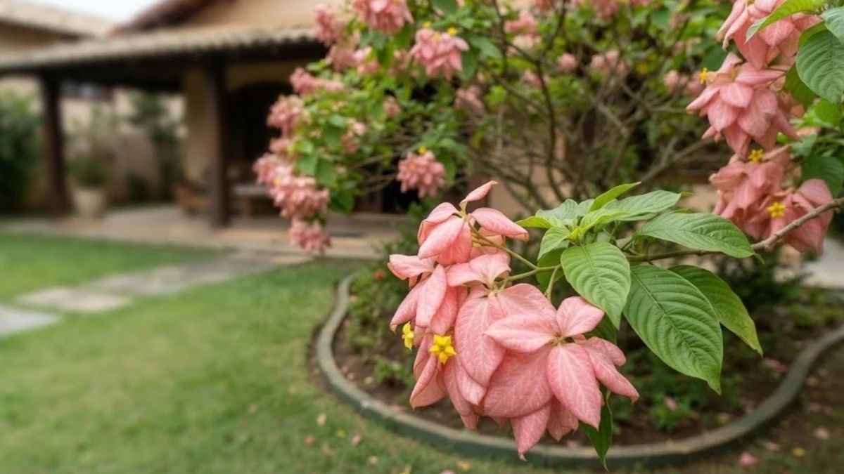 Ramo de mussaenda rosa com pequenas flores amarelas em primeiro plano e arbusto no jardim ao fundo.