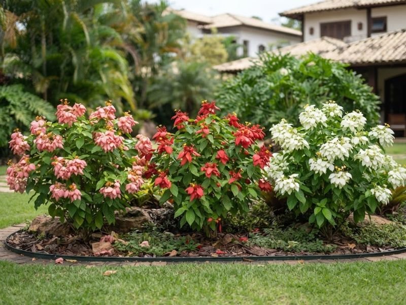 Três arbustos de mussaenda com sépalas rosas, vermelhas e brancas em um canteiro.