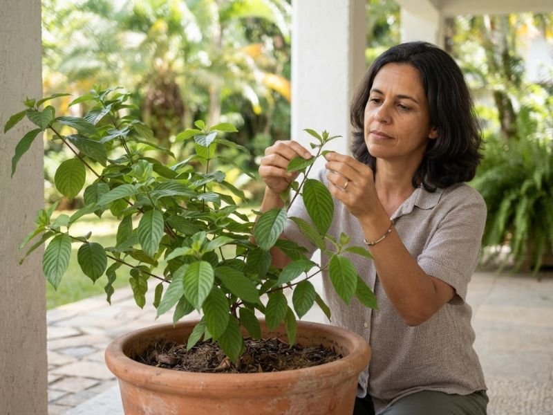 Mulher examinando os ramos de uma mussaenda sem flores em vaso na varanda.