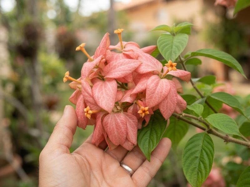 Mão sustentando um ramo de mussaenda com sépalas rosadas e pequenas flores amarelas.