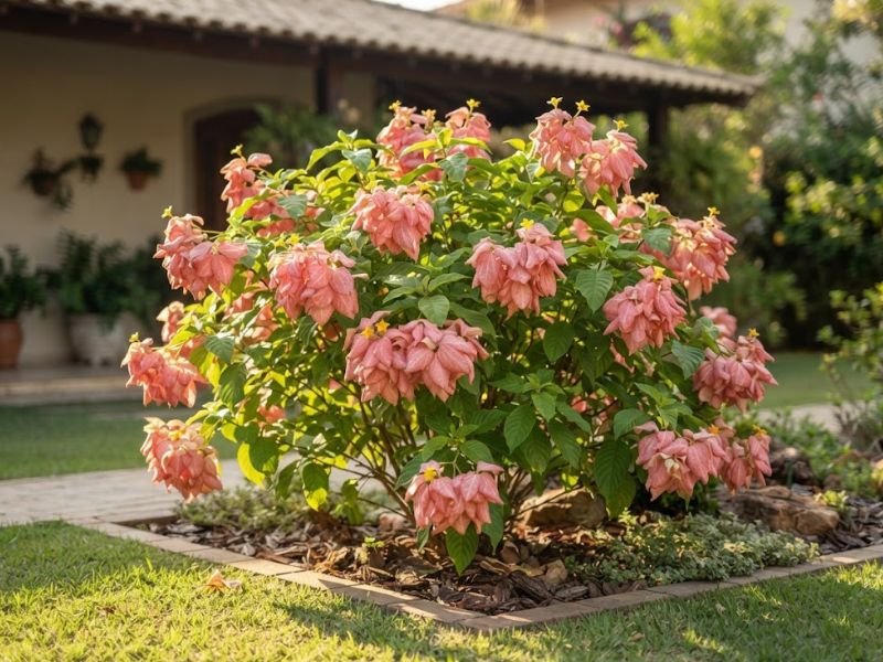 Mussaenda rosa recebendo luz solar em um canteiro próximo à varanda.