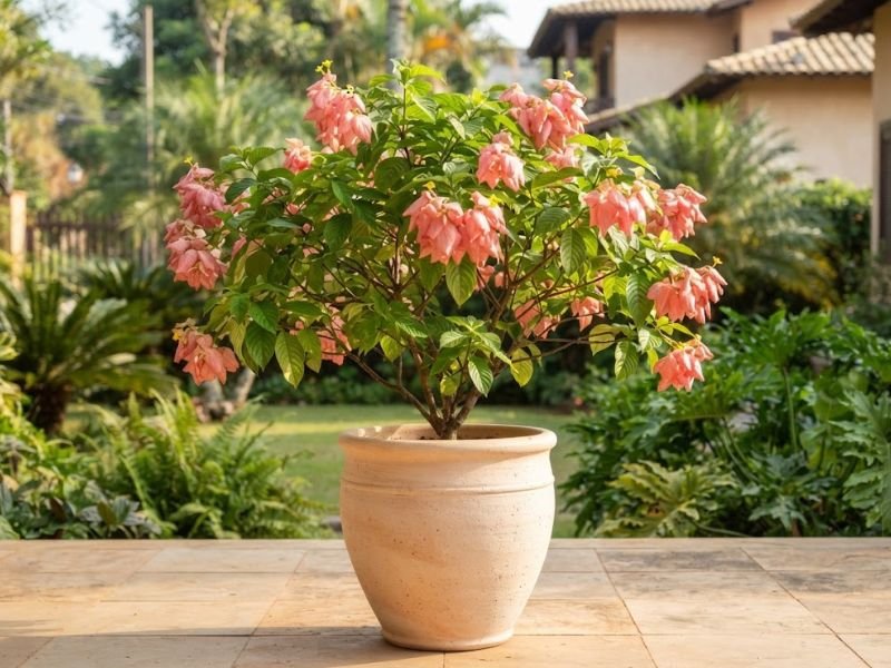Mussaenda rosa cultivada em vaso de cerâmica clara em uma varanda ensolarada.