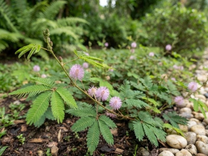 Mimosa pudica com folhas delicadas e flores rosadas em canteiro
