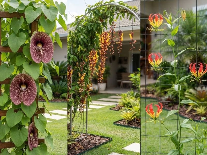 Flor papo de peru, sapatinho de judia e gloriosa em suportes diferentes