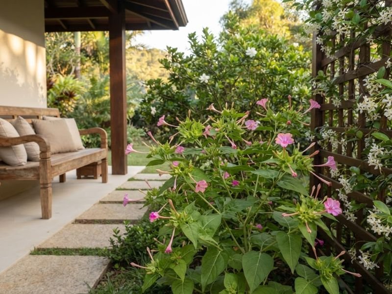 Maravilha rosa em canteiro ao lado de uma treliça florida, com caminho livre e banco na varanda.