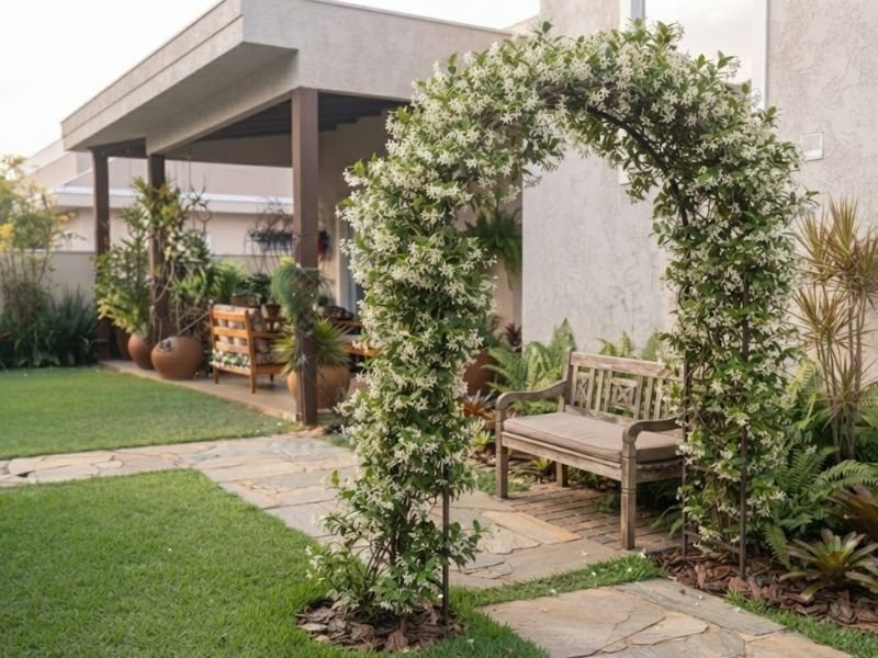 Trepadeira branca florida em arco próxima a banco no jardim