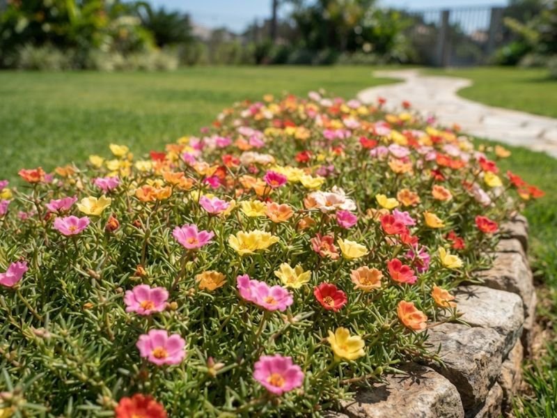 Canteiro de onze horas com flores coloridas em sol pleno