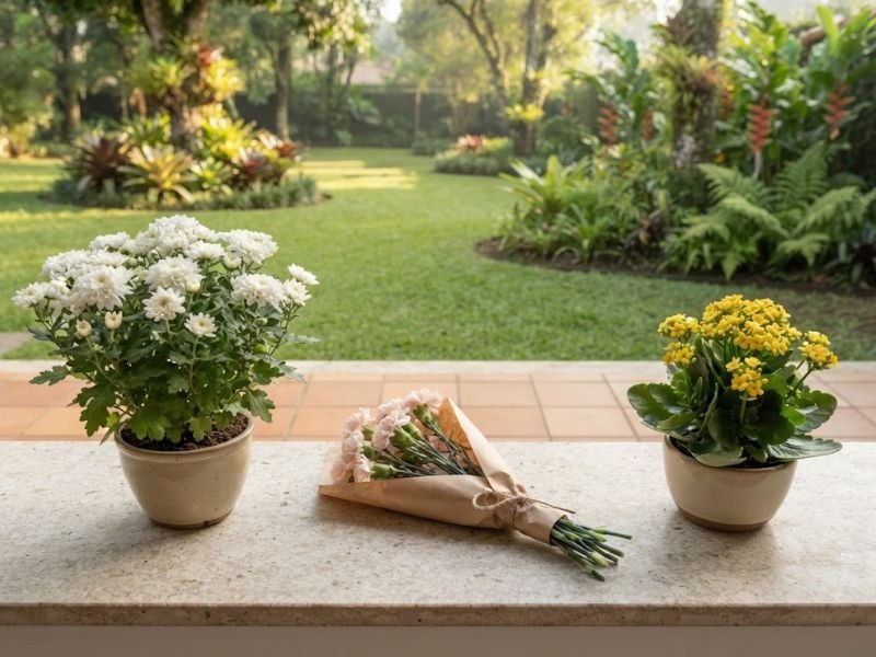 Crisântemos brancos, buquê de cravos rosados e kalanchoe amarelo sobre uma bancada.