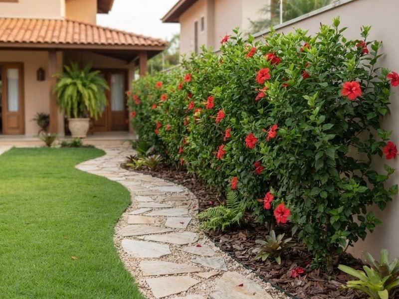 Cerca viva de hibiscos vermelhos plantados em sequência ao lado de caminho curvo e muro residencial.