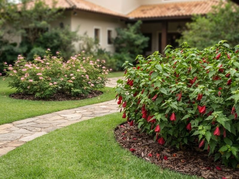 Jardim com canteiros separados de hibisco colibri vermelho e caliandra rosada ao lado de caminho de pedras.
