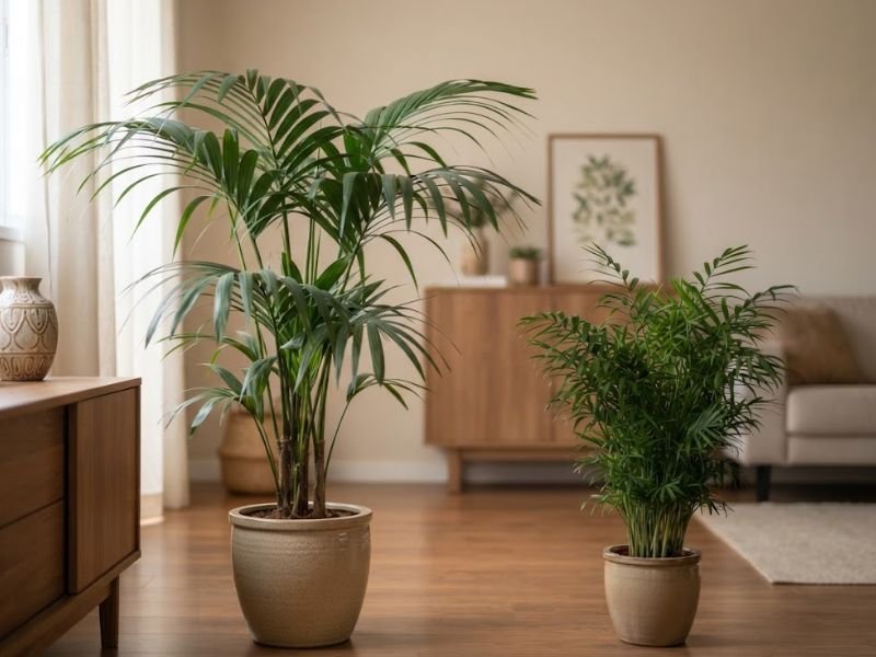 Comparação entre palmeira kentia maior, de folhas longas e arqueadas, e camedórea elegante menor, com folhagem fina e compacta.