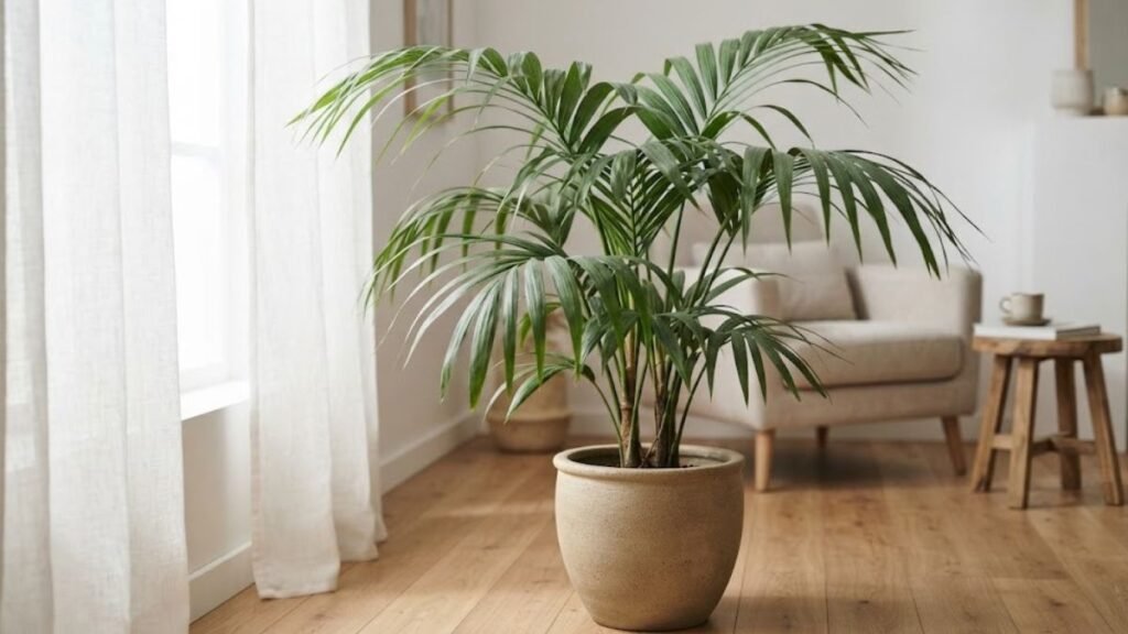 Palmeira kentia em vaso de cerâmica bege sobre piso de madeira, com folhas verdes longas e arqueadas em sala iluminada.