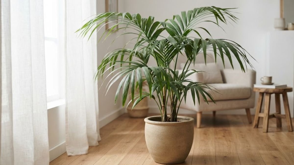 Palmeira kentia em vaso de cerâmica bege sobre piso de madeira, com folhas verdes longas e arqueadas em sala iluminada.