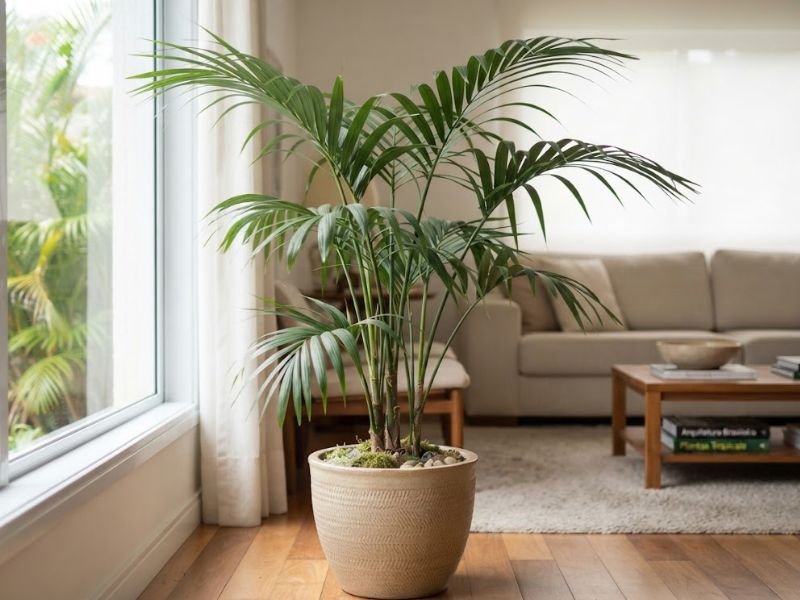 Palmeira kentia em vaso bege próximo à janela, com caules finos e folhas pinadas verdes, longas e arqueadas.