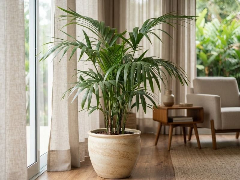 Palmeira kentia em vaso de cerâmica clara próximo à janela, com folhas verdes arqueadas em sala com decoração neutra.