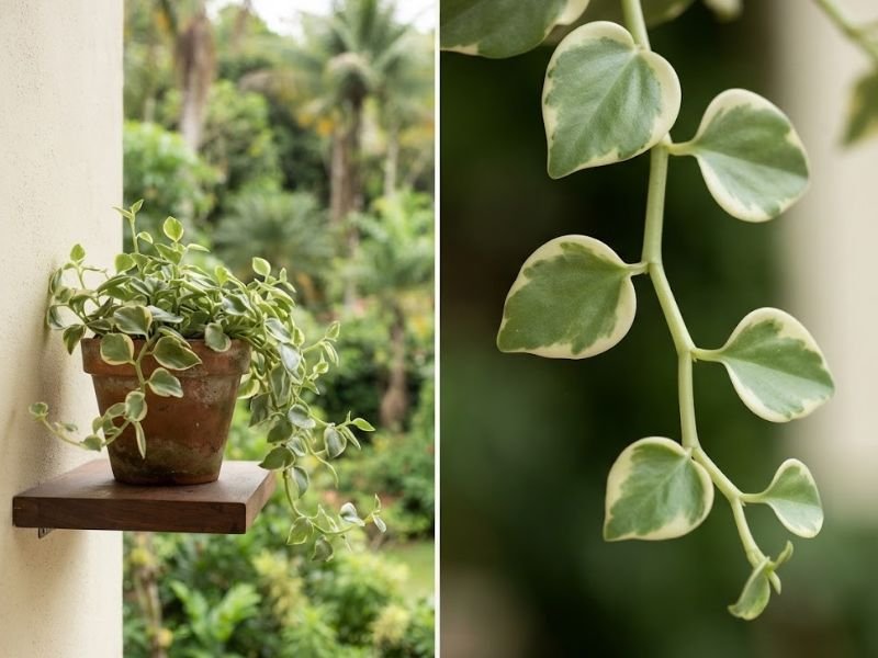 Peperômia-scandens variegata em vaso e detalhe das folhas verdes em formato de coração com bordas claras.