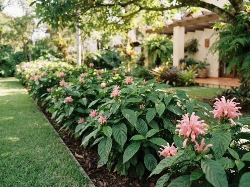 Justicia carnea com flores rosadas e folhagem verde em canteiro lateral de jardim residencial sombreado.
