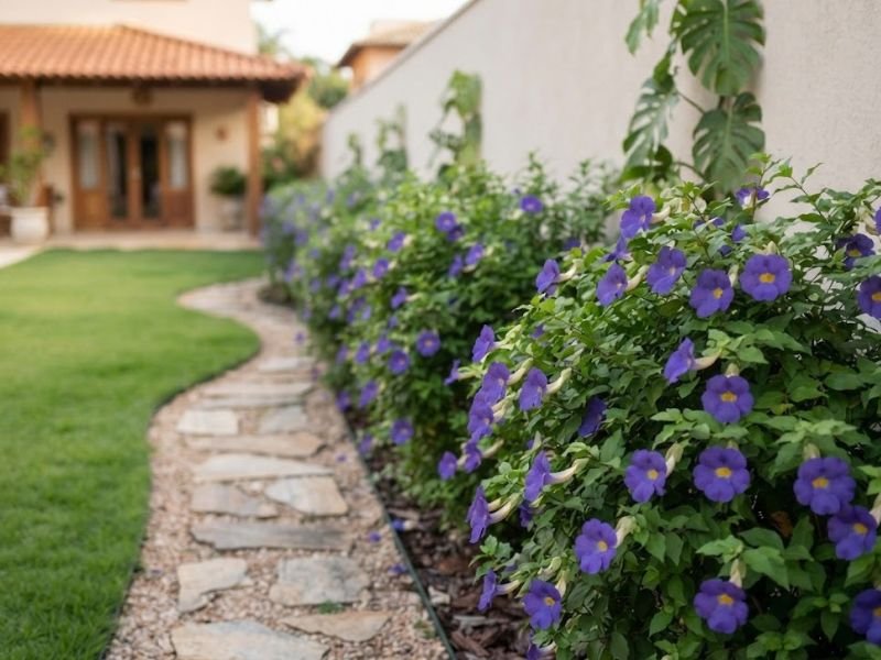 Tumbérgia arbustiva com flores azul-violeta formando cerca viva contínua junto ao caminho de pedras.