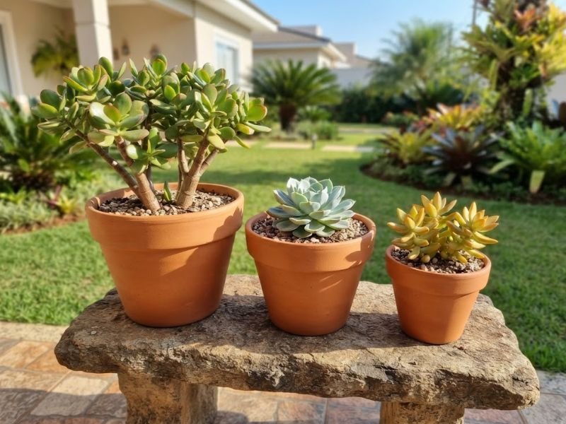 Vasos com suculentas de sol pleno em bancada de jardim