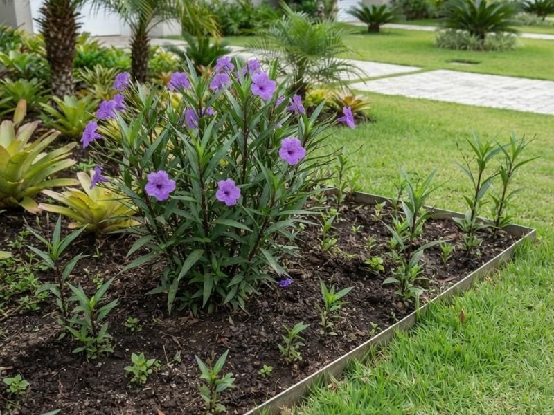 Touceira adulta de ruélia com flores violetas e pequenas brotações surgindo no solo ao seu redor.