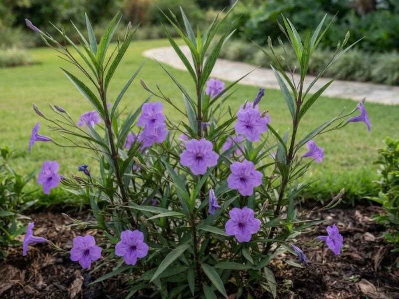 Touceira de petúnia mexicana com caules eretos, folhas verdes estreitas e flores violetas em formato de funil.