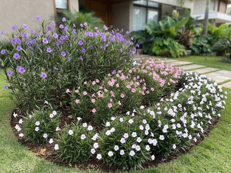 Canteiro com petúnias mexicanas de flores violetas, rosas e brancas, mostrando plantas altas e variedades compactas.