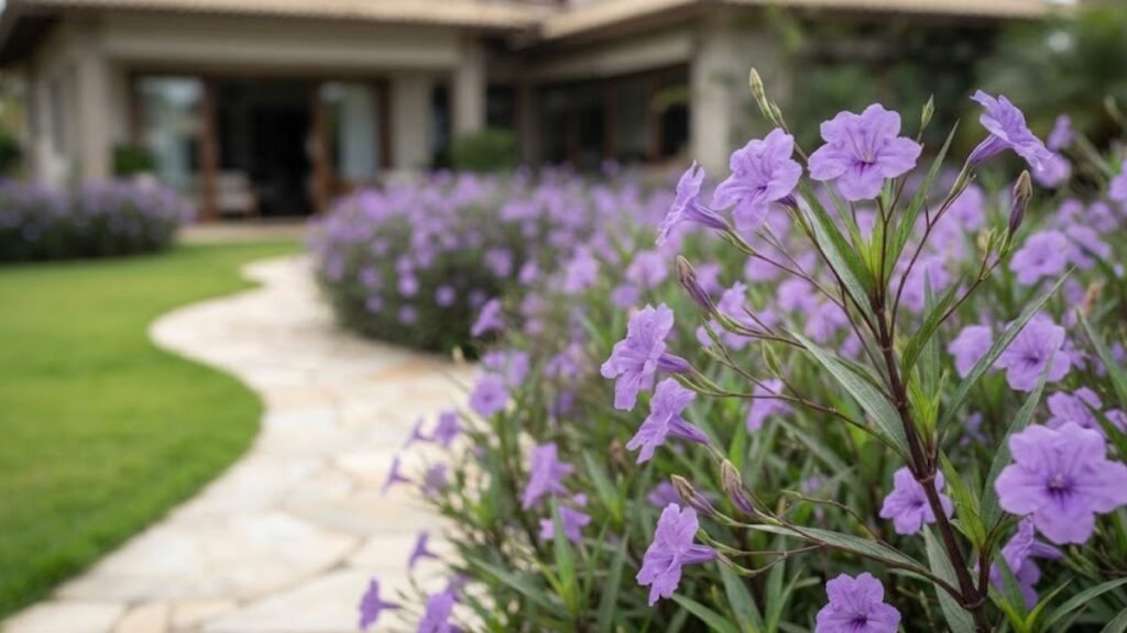 Petúnia mexicana com flores violetas em primeiro plano e canteiro florido acompanhando um caminho curvo no jardim.
