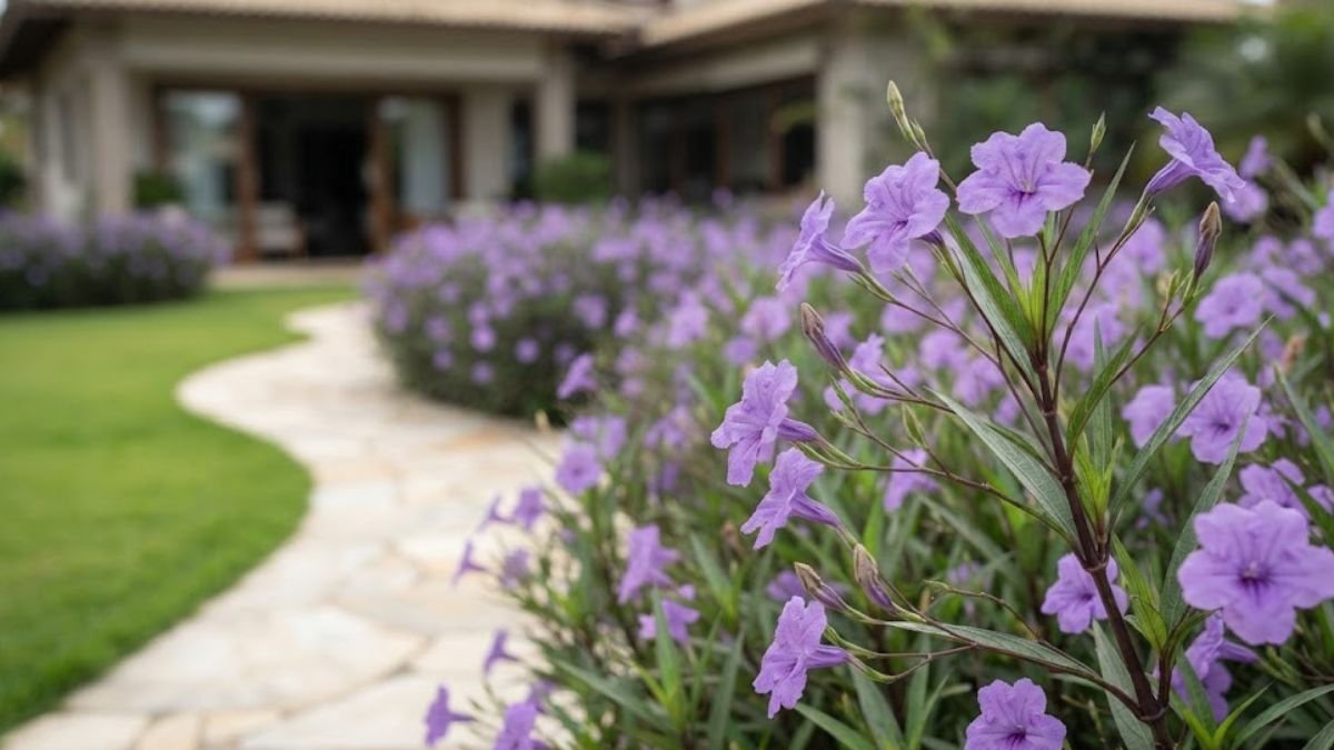 Petúnia mexicana com flores violetas em primeiro plano e canteiro florido acompanhando um caminho curvo no jardim.