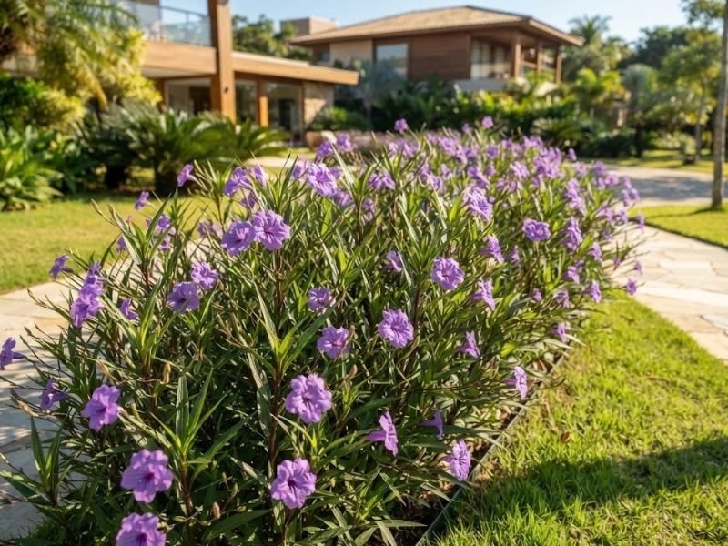 Canteiro de ruélias violetas recebendo sol direto ao lado de um caminho de pedras em jardim residencial.