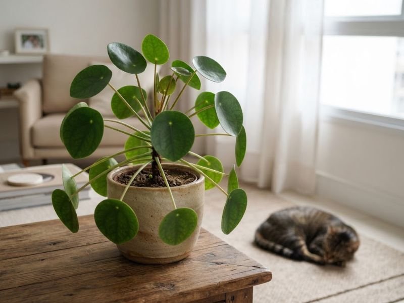 Pilea peperomioides em vaso sobre mesa de madeira, com gato doméstico descansando no tapete ao fundo da sala.