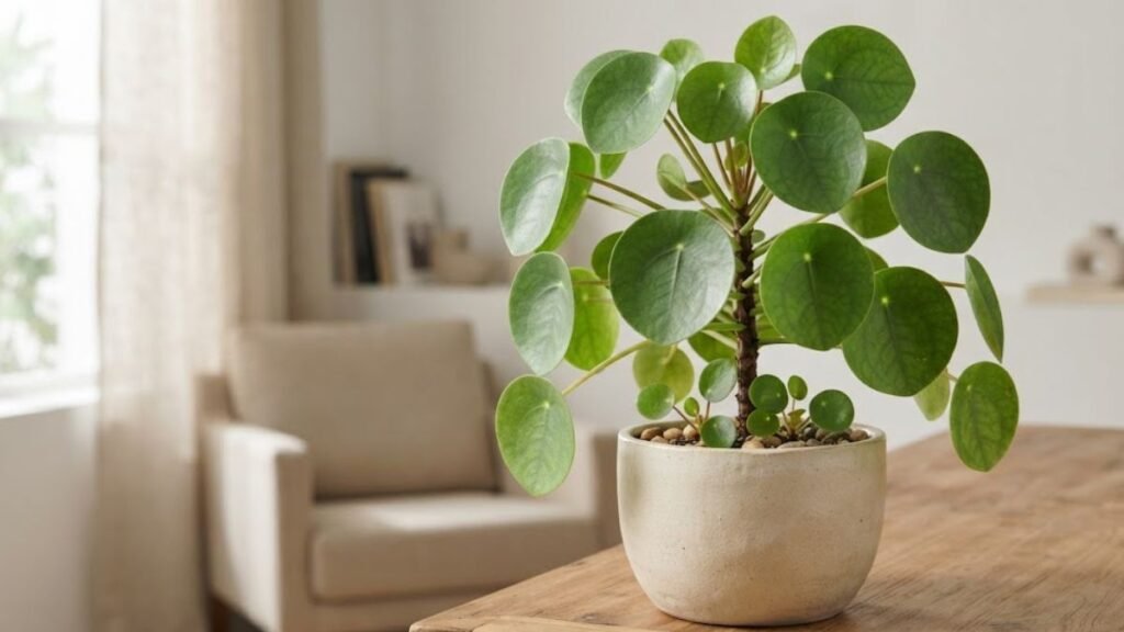 Pilea peperomioides com folhas verdes arredondadas e pequenas brotações na base, cultivada em vaso bege sobre aparador de madeira em sala iluminada.