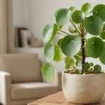 Pilea peperomioides com folhas verdes arredondadas e pequenas brotações na base, cultivada em vaso bege sobre aparador de madeira em sala iluminada.
