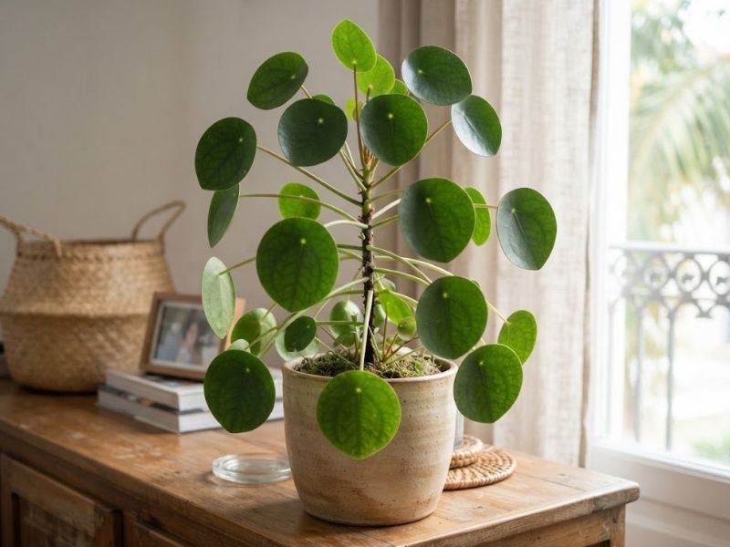 Pilea peperomioides adulta em vaso de cerâmica, com folhas verdes redondas semelhantes a moedas e caule central ereto.