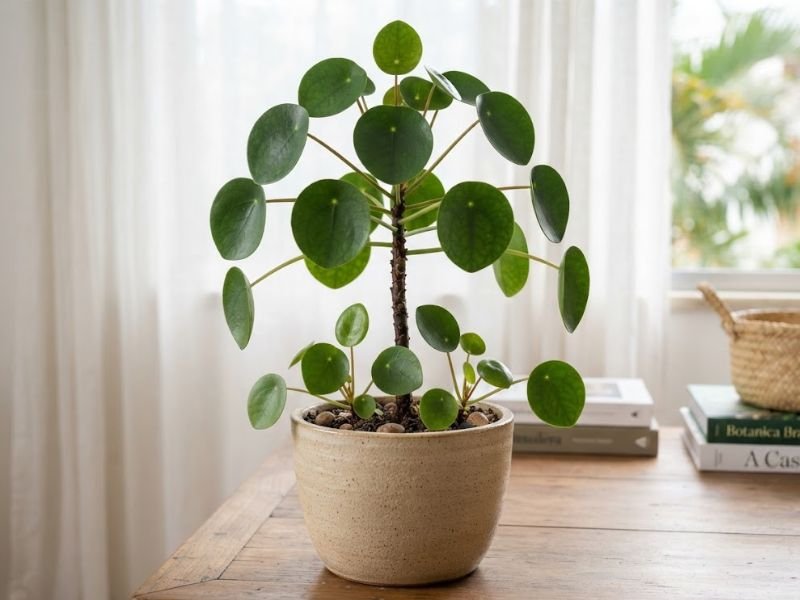 Pilea peperomioides adulta com folhas arredondadas e várias brotações jovens crescendo ao redor da base no mesmo vaso.