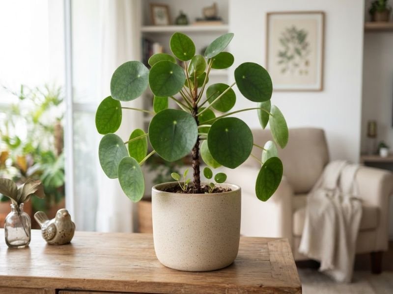 Pilea peperomioides saudável em vaso claro sobre mesa de madeira, com folhas arredondadas e janela iluminada ao fundo.
