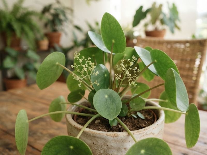 Pilea peperomioides em vaso com pequenas inflorescências ramificadas de flores claras entre suas folhas verdes arredondadas.