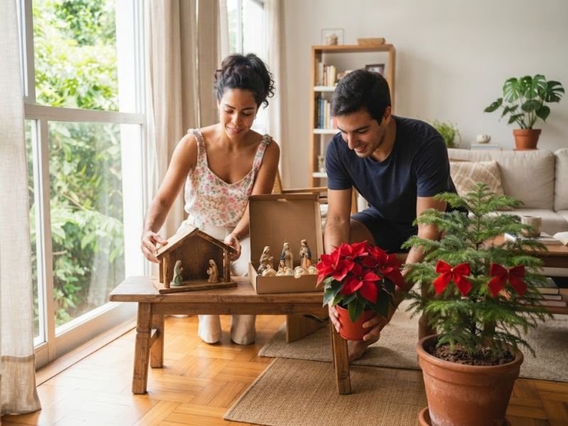 Casal organizando o abrigo do presépio e um vaso de poinsettia, com um pinheirinho natural ao lado.