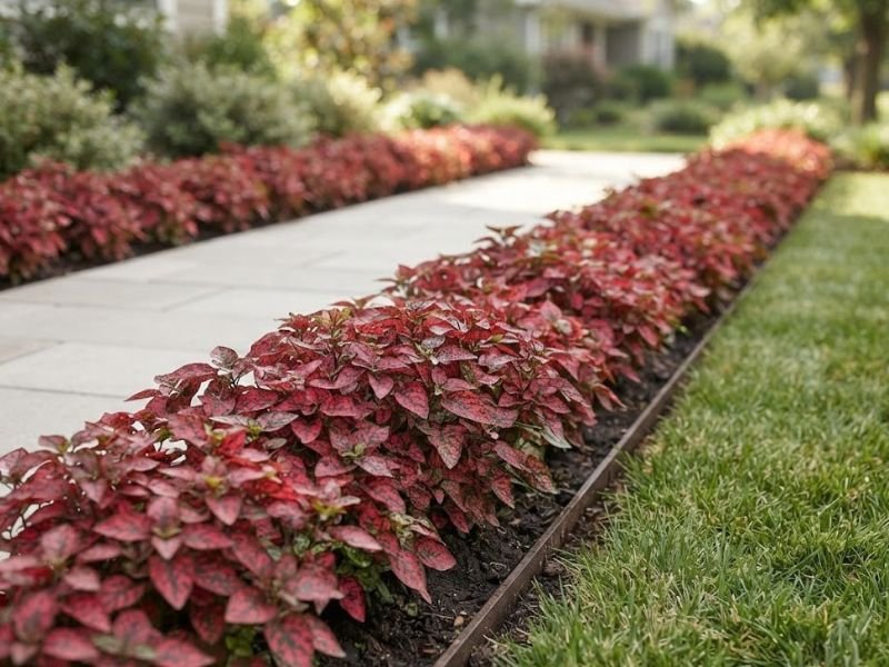 Bordaduras de confete vermelho acompanhando os dois lados de um caminho claro no jardim.