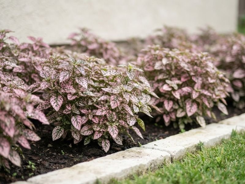 Folhas rosas salpicadas de verde da planta confete em canteiro junto a um muro claro.