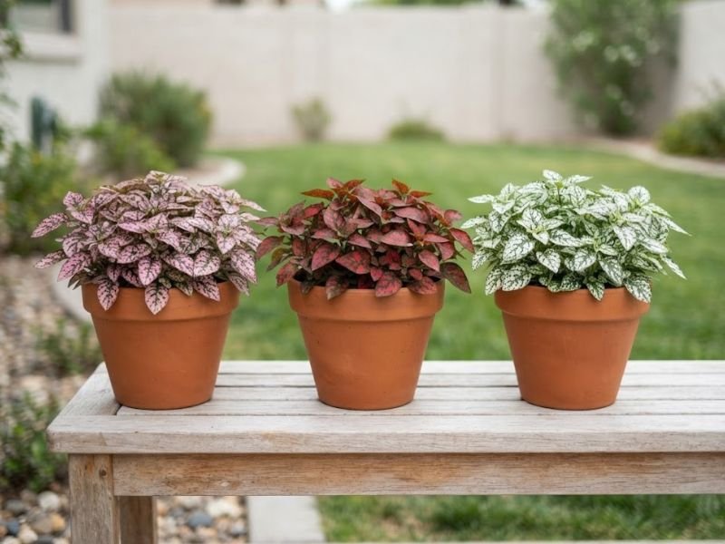 Confetes rosa, vermelho e branco em três vasos de terracota sobre uma bancada no jardim.